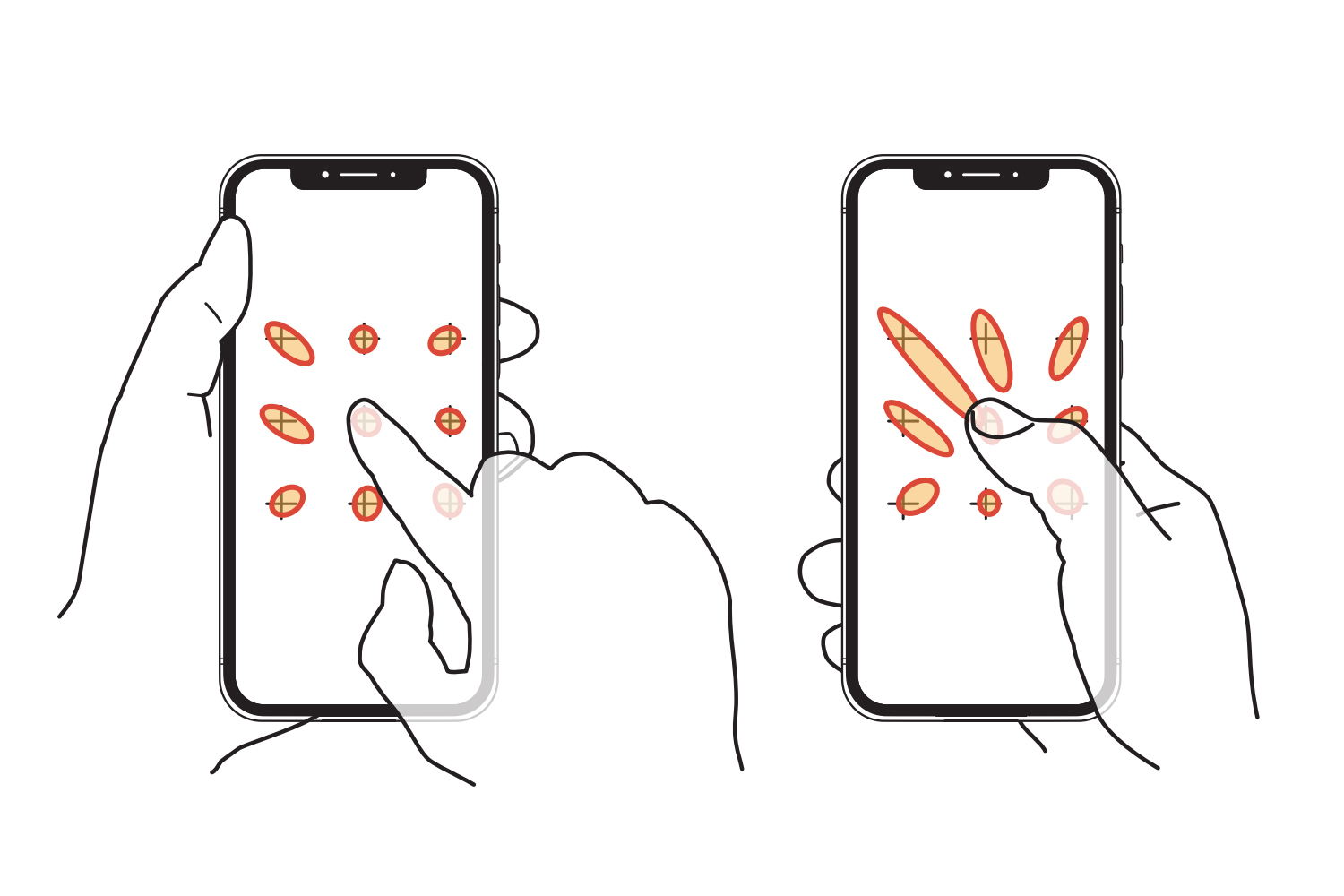 Example diagram of a user holding a phone with both hands, and a user holding a phone with only one hand