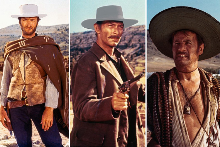 Blondie, Angel Eyes, and Tuco from the film The Good, the Bad and the Ugly sporting white, grey, and black hats respectively.