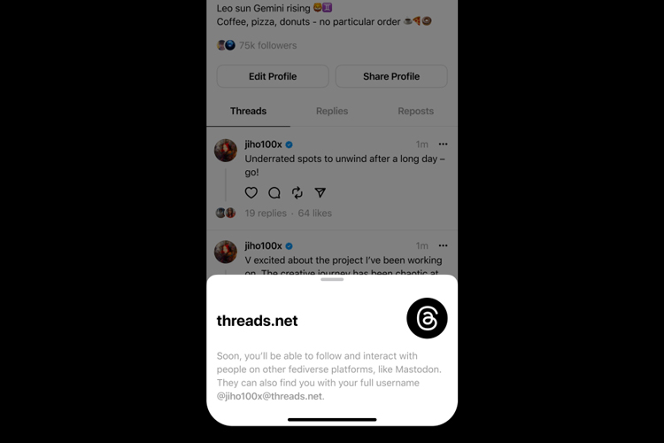 Screenshot of Threads showing a message about it's future integration with fediverse platforms