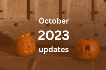 October 2023 updates text over a Halloween pumpkin-themed background.