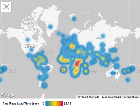 A heat map showing which countries have the longest average page load times. 