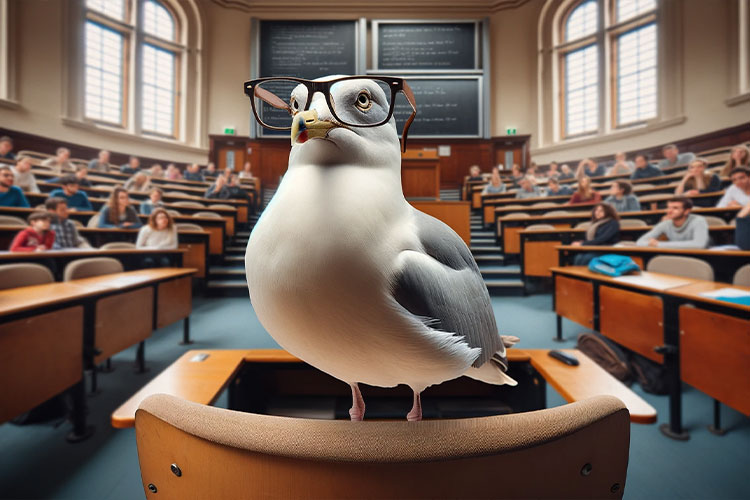 Seagull in a lecture hall