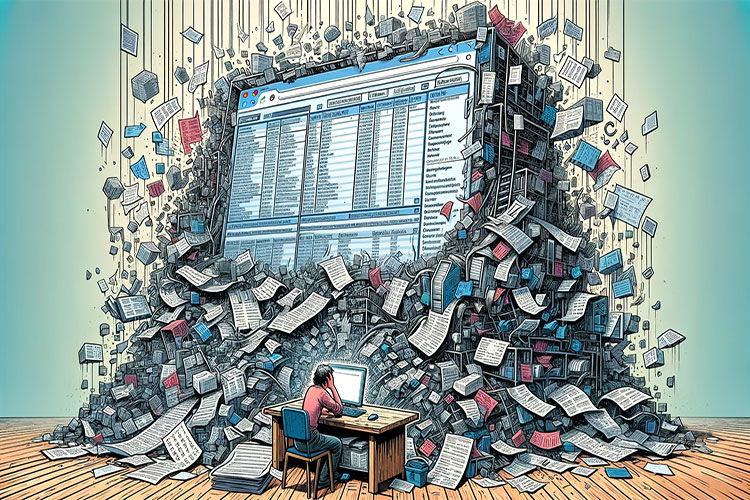 A person at a desk with a computer, overwhelmed by an avalanche of papers from a giant screen.