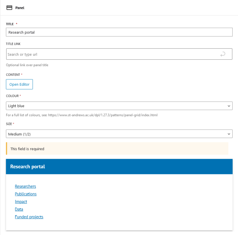 Panel block inside the WordPress editor. Contains fields for title, link, content, panel colour, and size. Also features a preview of the panel.