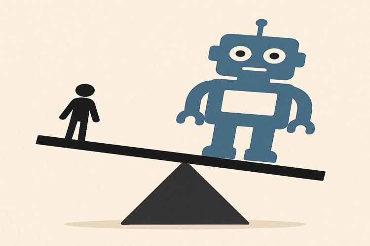 robot outweighing a human figure on a seesaw