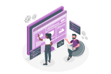 Illustration of two people collaborating to adjust and customise a layered web interface on a large screen.